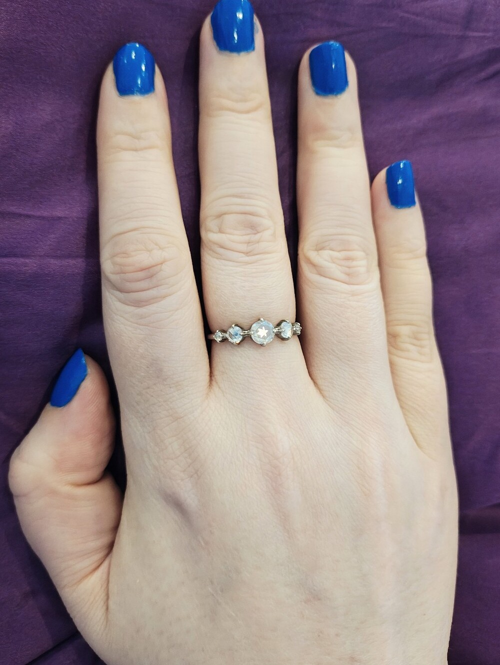 Round Rose Cut Five Stone Moissanite Ring .91 TCW Sterling Silver Ring Size 8.5